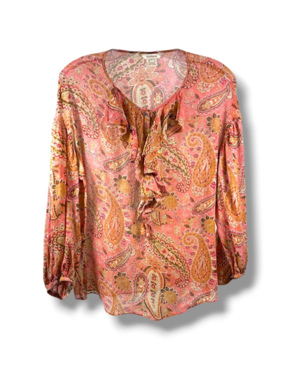Sundance Paisley Ruffle Silk Blouse in Pink Orange Size S